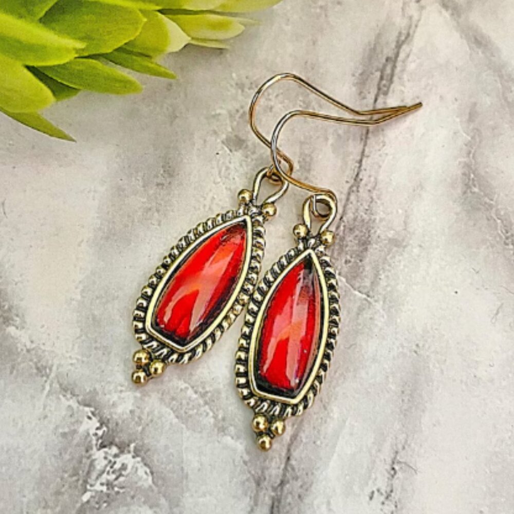 Victorian Red Stone Earrings Renaissance Gold Plated Dangle